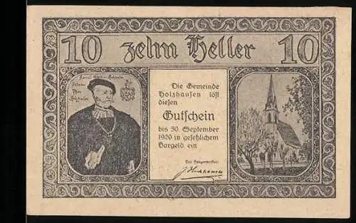 Notgeld Holzhausen 1920, 10 Heller, Porträt, Kirche und Gebäudeansichten