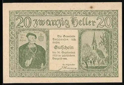 Notgeld Holzhausen 1920, 20 Heller, Porträt, Kirche und Gebäudeansicht