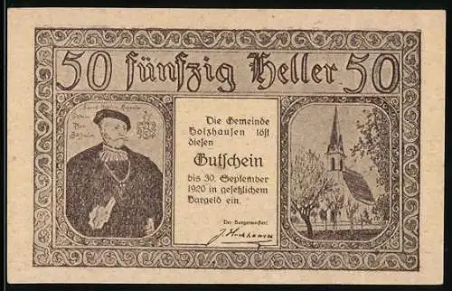 Notgeld Holzhausen 1920, 50 Heller, Porträt mit Kirche und Landschaftsansichten