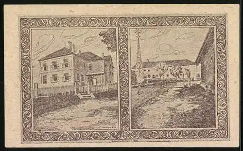 Notgeld Holzhausen 1920, 50 Heller, Porträt mit Kirche und Landschaftsansichten