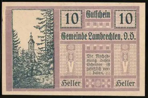 Notgeld Lambrechten 1920, 10 Heller, Kirchturm und Waldlandschaft