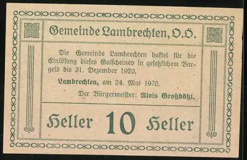 Notgeld Lambrechten 1920, 10 Heller, Kirchturm und Waldlandschaft