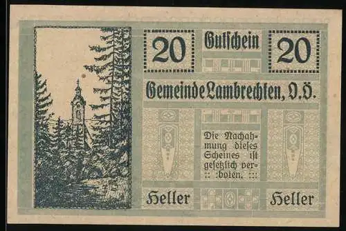 Notgeld Lambrechten 1920, 20 Heller, Turm und Waldansicht, Ausgabe der Gemeinde Lambrechten