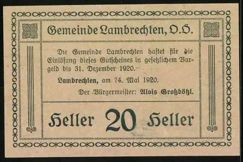 Notgeld Lambrechten 1920, 20 Heller, Turm und Waldansicht, Ausgabe der Gemeinde Lambrechten