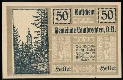 Notgeld Lambrechten 1920, 50 Heller, Kirchturm im Wald und Verzierungsmuster