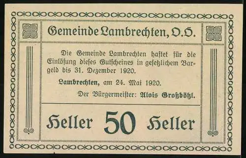 Notgeld Lambrechten 1920, 50 Heller, Kirchturm im Wald und Verzierungsmuster