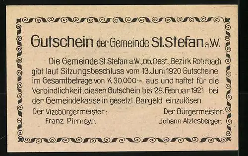 Notgeld St. Stefan 1920, 10 Heller, Der Wendenstein, Gemeinde-Gutschein