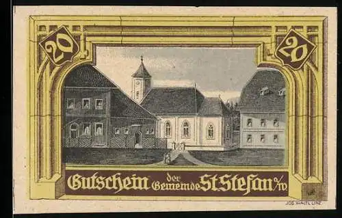 Notgeld St. Stefan 1920, 20 Heller, Kirche und Gebäudeansicht