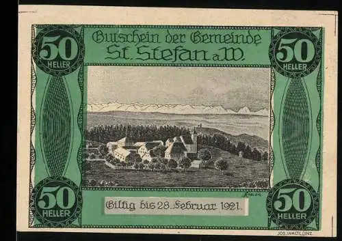 Notgeld St. Stefan a.W. 1921, 50 Heller, Landschaft mit Dorf und Bergen im Hintergrund