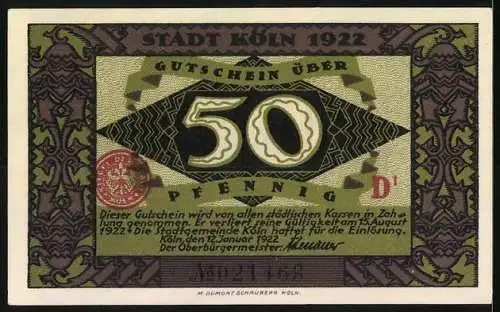 Notgeld Köln 1922, 50 Pfennig, Der Dombaumeister und der Teufel, Stadtansicht mit Dom