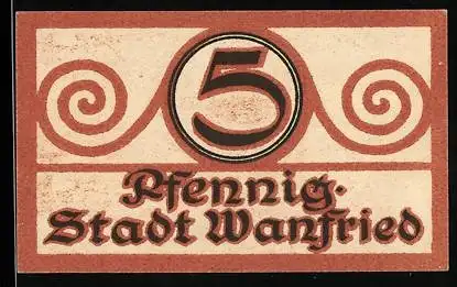 Notgeld Wanfried, 5 Pfennig, Siegel der Stadt mit Krieger und dekorativen Spiralen