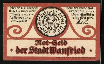 Notgeld Wanfried, 5 Pfennig, Siegel der Stadt mit Krieger und dekorativen Spiralen