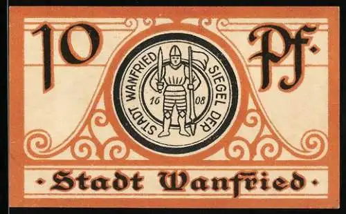 Notgeld Wanfried, 10 Pf, Stadtsiegel mit Ritter, Rathausabbildung