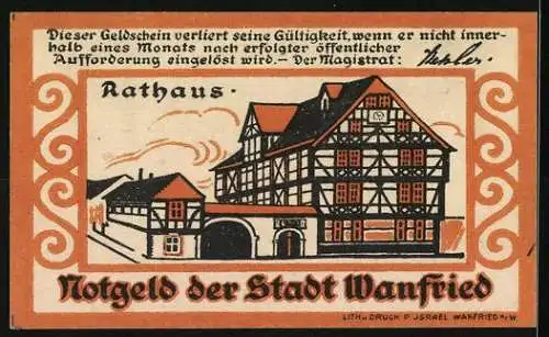 Notgeld Wanfried, 10 Pf, Stadtsiegel mit Ritter, Rathausabbildung