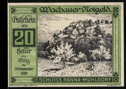 Notgeld Spitz an der Donau 1920, 20 Heller, Schloss Ranna-Mühldorf, Gemeinde Spitz an der Donau