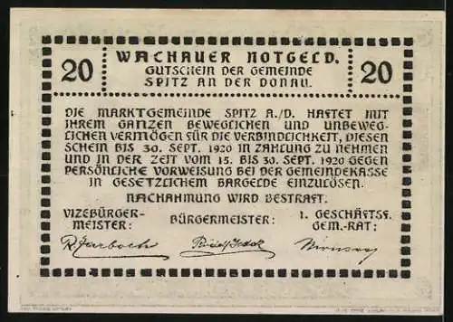 Notgeld Spitz an der Donau 1920, 20 Heller, Schloss Ranna-Mühldorf, Gemeinde Spitz an der Donau