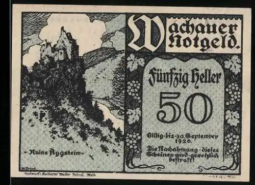 Notgeld Spitz an der Donau 1920, 50 Heller, Ruine Aggstein, Gutschein der Gemeinde Spitz an der Donau