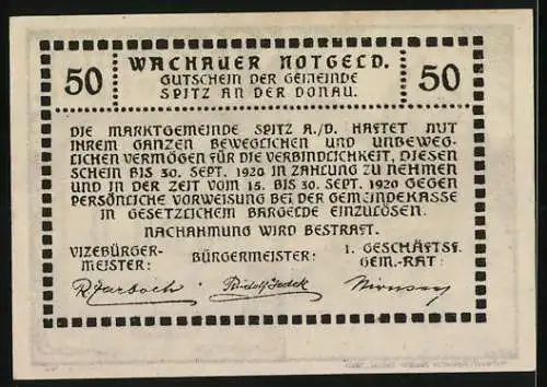 Notgeld Spitz an der Donau 1920, 50 Heller, Ruine Aggstein, Gutschein der Gemeinde Spitz an der Donau