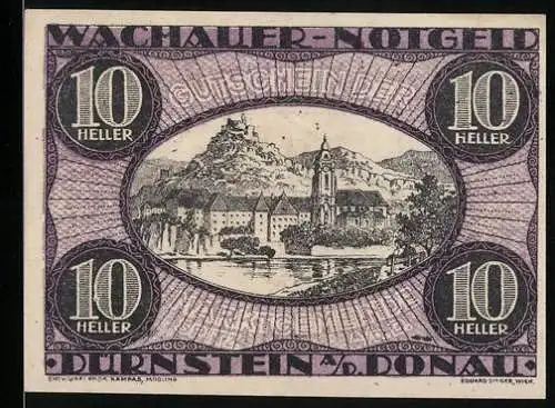 Notgeld Spitz an der Donau 1920, 10 Heller, Ansicht von Dürnstein mit Burg und Kirche