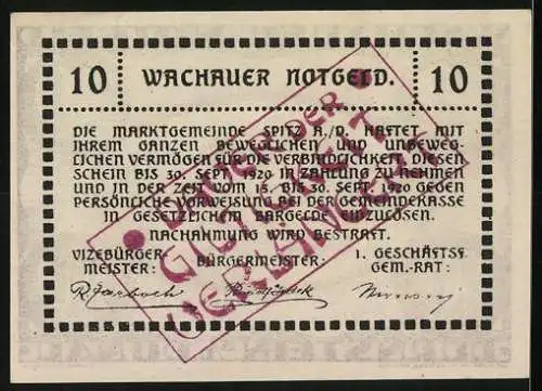 Notgeld Spitz an der Donau 1920, 10 Heller, Ansicht von Dürnstein mit Burg und Kirche