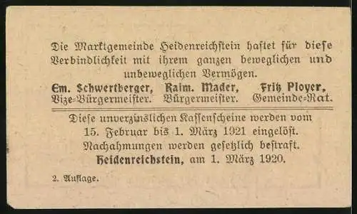 Notgeld Heidenreichstein 1920, 50 Heller, Burg Heidenreichstein