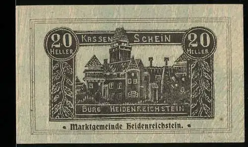 Notgeld Heidenreichstein 1920, 20 Heller, Burg Heidenreichstein, Marktgemeinde Heidenreichstein