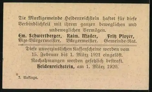 Notgeld Heidenreichstein 1920, 20 Heller, Burg Heidenreichstein, Marktgemeinde Heidenreichstein