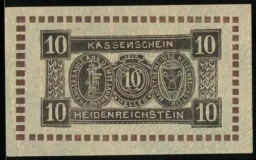 Notgeld Heidenreichstein 1920, 10 Heller, mit Gedenksäule-Motiv und Gemeindewappen