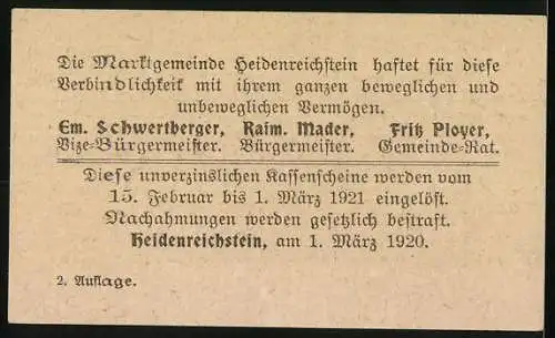 Notgeld Heidenreichstein 1920, 10 Heller, mit Gedenksäule-Motiv und Gemeindewappen