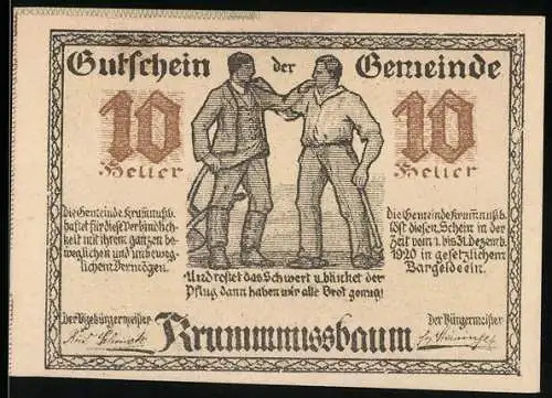 Notgeld Krummnussbaum 1920, 10 Heller, zwei Männer und Landschaft mit Baum und See