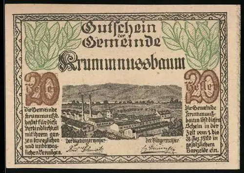 Notgeld Krummussbaum 1920, 20, Stadtansicht und Baum mit Landschaft im Hintergrund