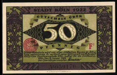 Notgeld Köln 1922, 50 Pfennig, Heinzelmännchen-Motiv, Seriennummer, Stadtwappen