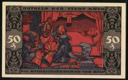 Notgeld Köln 1922, 50 Pfennig, Heinzelmännchen-Motiv, Seriennummer, Stadtwappen