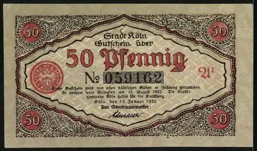 Notgeld Köln 1922, 50 Pfennig, Soldat mit Pfeife und Windmühle, Seriennummer 056162, Stadtwappen