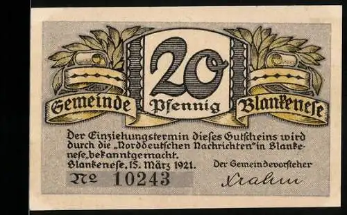 Notgeld Blankenese 1921, 20 Pfennig, Landschaftsmotiv mit Dampfer und Segelboot, Seriennummer 10243, Rosenverzierung