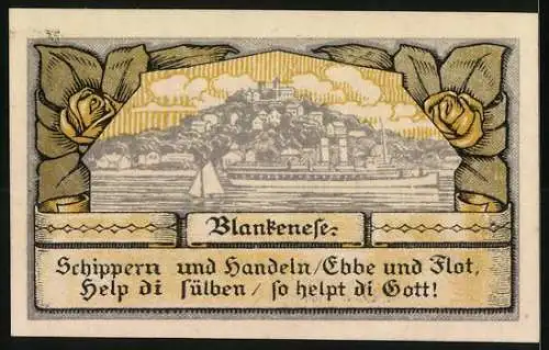 Notgeld Blankenese 1921, 20 Pfennig, Landschaftsmotiv mit Dampfer und Segelboot, Seriennummer 10243, Rosenverzierung