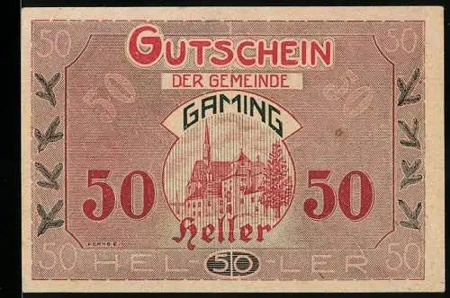 Notgeld Gaming 1920, 50 Heller, Kirche und Bäume im Hintergrund