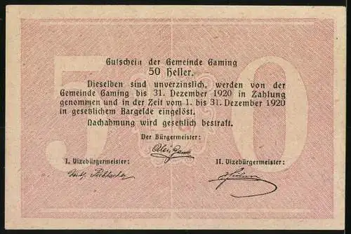 Notgeld Gaming 1920, 50 Heller, Kirche und Bäume im Hintergrund