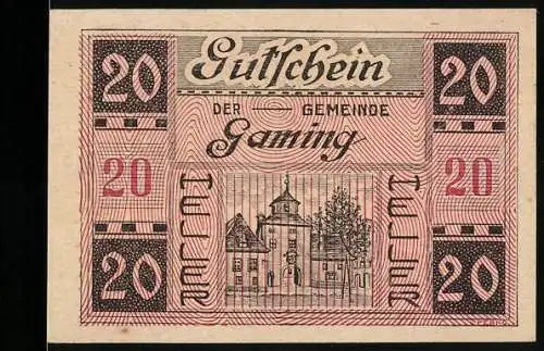 Notgeld Gaming 1920, 20 Heller, Schlossansicht und Unterschriften der Gemeindevertreter