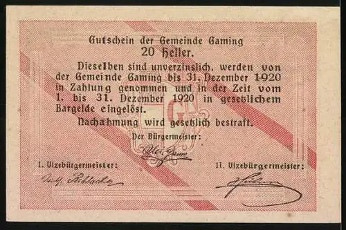 Notgeld Gaming 1920, 20 Heller, Schlossansicht und Unterschriften der Gemeindevertreter