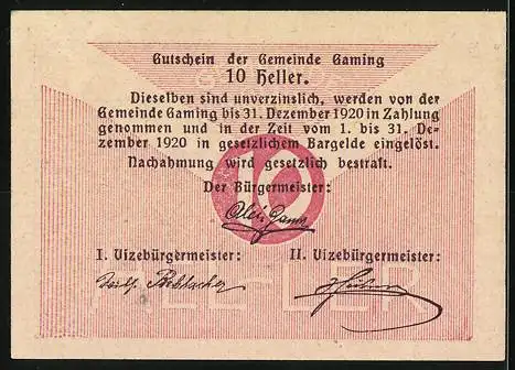 Notgeld Gaming 1920, 10 Heller, Monument im Zentrum, Text und Unterschriften Rückseite