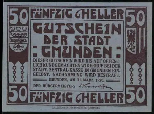 Notgeld Gmunden 1920, 50 Heller, Stadtansicht und Wappen, Seriennummer und Unterschrift des Bürgermeisters