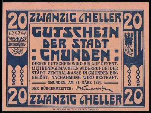 Notgeld Gmunden 1920, 20 Heller, Stadtwappen und Trägerfigur-Motiv