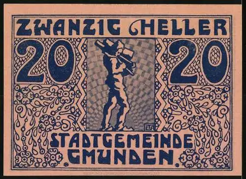 Notgeld Gmunden 1920, 20 Heller, Stadtwappen und Trägerfigur-Motiv