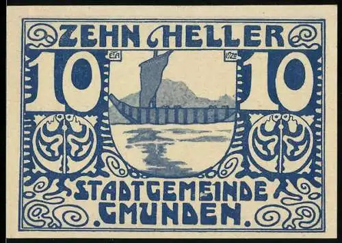 Notgeld Gmunden 1920, 10 Heller, Segelschiff und dekorative Muster, Seriennummer und Wappen