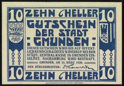 Notgeld Gmunden 1920, 10 Heller, Segelschiff und dekorative Muster, Seriennummer und Wappen