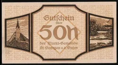 Notgeld St. Georgen a.d. Gusen 1920, 50 Heller, Kirche und Landkarte mit Lupe-Motiv