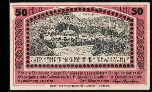 Notgeld Schwarzach 1920, 50 Heller, Dorflandschaft und historische Szene am Tisch