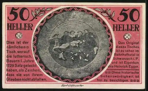 Notgeld Schwarzach 1920, 50 Heller, Dorflandschaft und historische Szene am Tisch