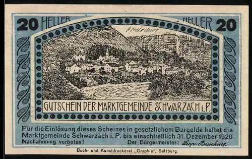 Notgeld Schwarzach 1920, 20 Heller, Landschaft und historisches Wirtshaus Wallner